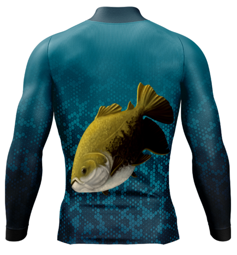 Camisa de Pesca Personalizada Tamba Amarelo Azul Preto Costas
