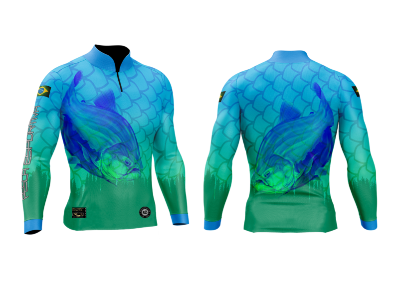 Camisa de Pesca Personalizada Tamba Azul Esverdeado Frente Costas