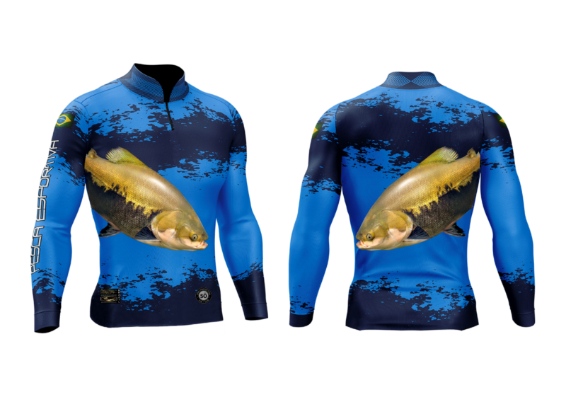 Camisa de Pesca Personalizada Tamba Azul Preto Frente Costas