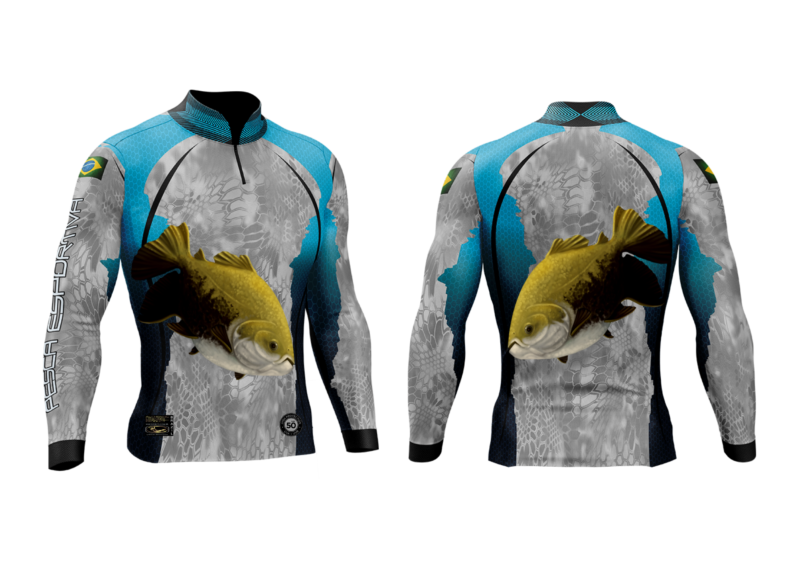 Camisa de Pesca Personalizada Tamba Cinza Azulado Frente Costas