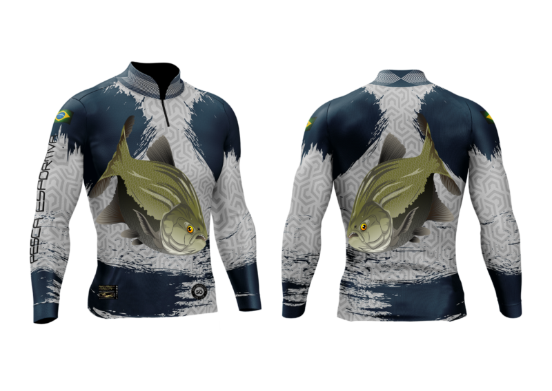 Camisa de Pesca Personalizada Tamba Cinza Frente e Costas