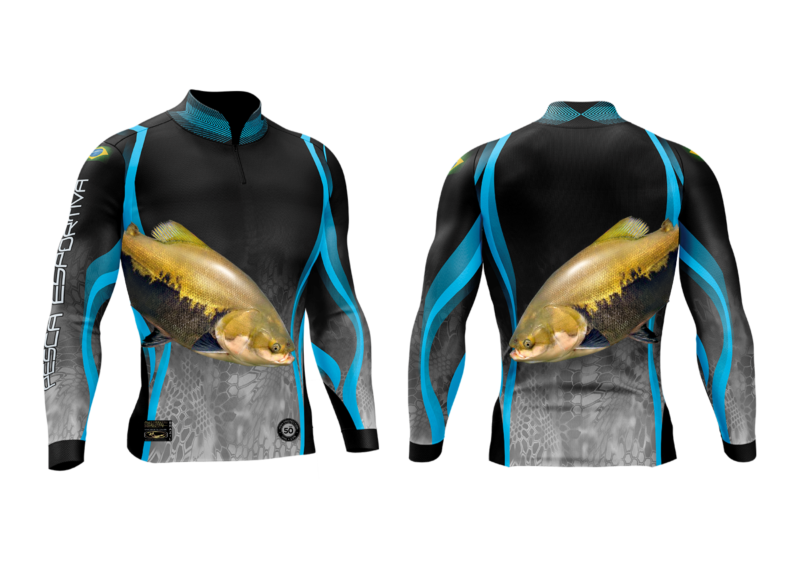 Camisa de Pesca Personalizada Tamba Preto Azulado Frente Costas